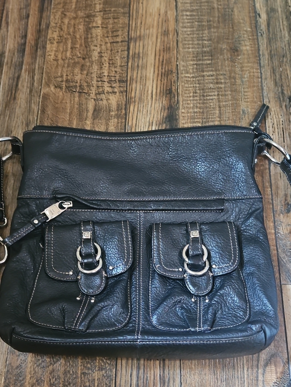 Stone Mountain Black Pebbled Leather Hobo Crossbody Bag with Dual Front Pockets